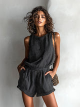 Lumina Striped Linen Blend Boat-Neck Romper
