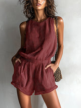 Lumina Striped Linen Blend Boat-Neck Romper