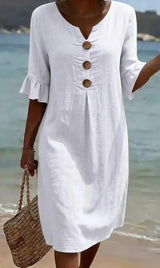 Vanesa | Linen Textured Dress with Puff Sleeves and Buttons