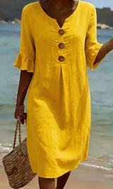 Vanesa | Linen Textured Dress with Puff Sleeves and Buttons