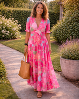 HANA | Short Sleeve V Neck Floral Midi Dress