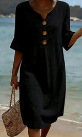 Vanesa | Linen Textured Dress with Puff Sleeves and Buttons